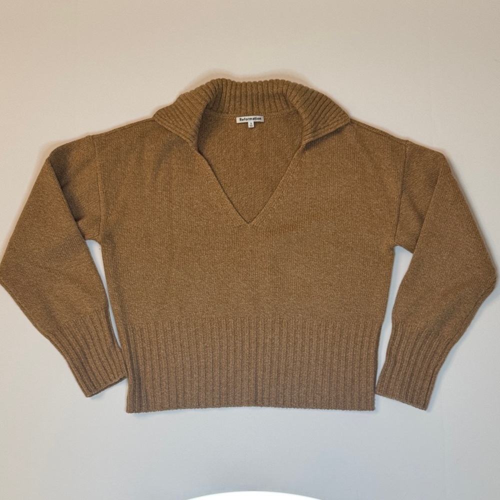 Reformation Beckie Cashmere Sweater Small Camel Collared Cropped Minimalist